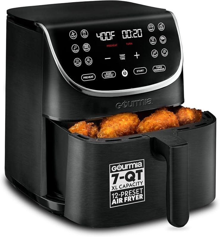 Gourmia 7 Qt Air Fryer: FryForce 360º, Digital Display, 12 Presets, Ro