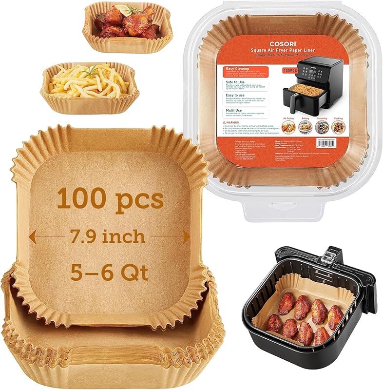 Cosori 100 PCS Square Air Fryer Liners: Non-Stick, Disposable, Food Gr