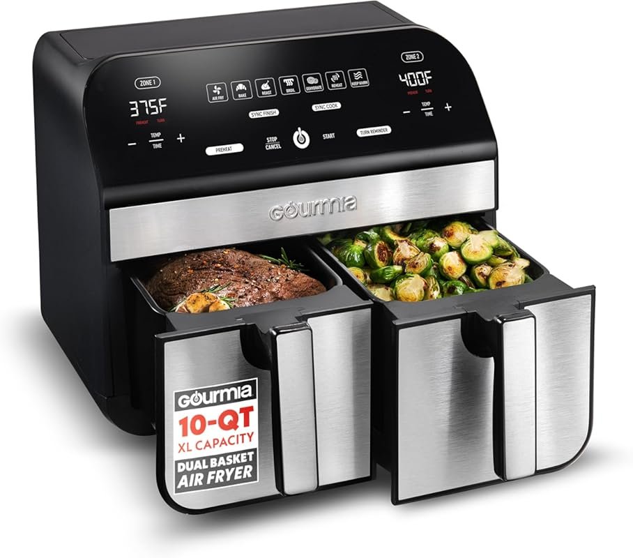 Gourmia 10 Qt Dual Basket Air Fryer, 7 Presets, FryForce360º, Match Co