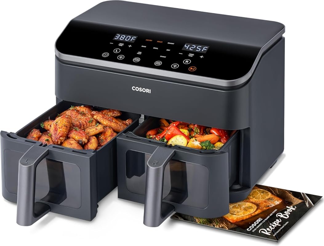COSORI 9Qt Dual Air Fryer: 10-in-1 for Family Meals, Sync Cook, Bake, 