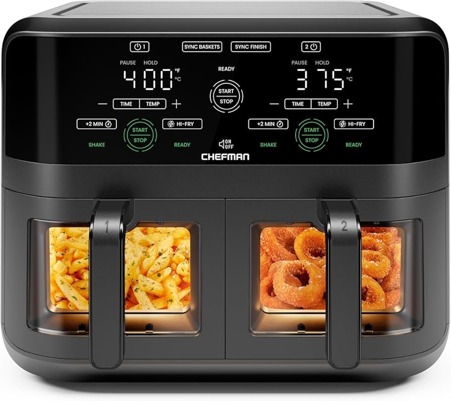 Chefman 6-Quart Dual Basket Air Fryer Oven Black with Easy View Window