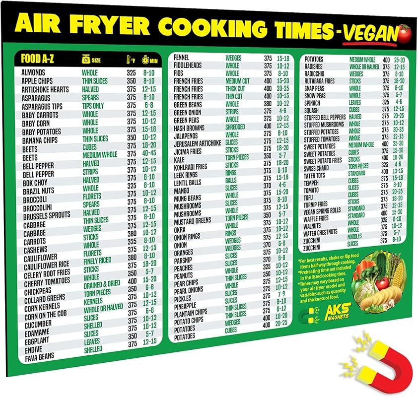Vegan Air Fryer Cheat Sheet Magnet: 100 Food Times Chart for Plant-Bas