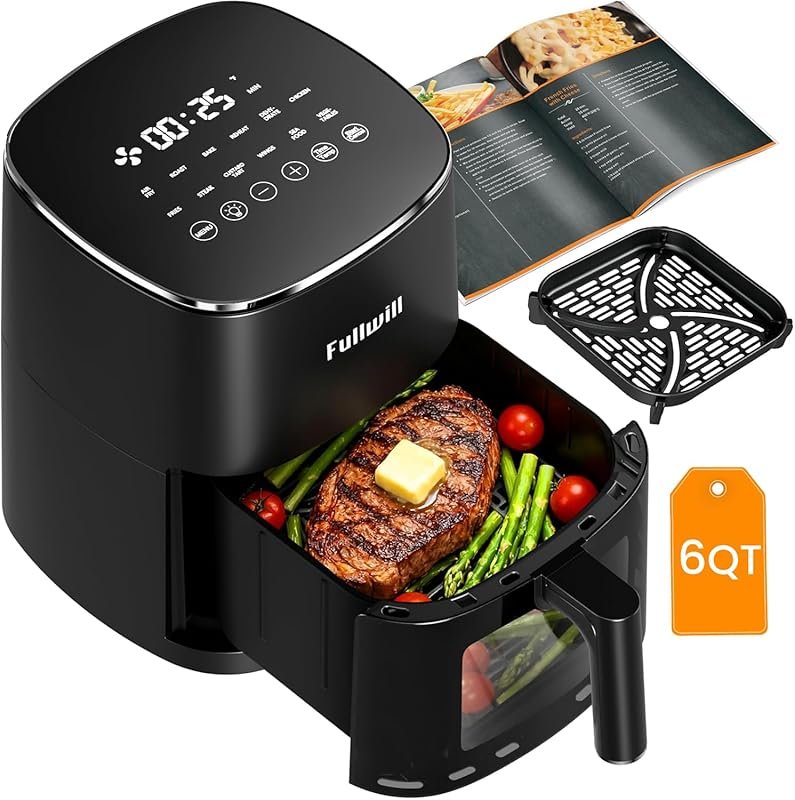 Fullwill 6QT Air Fryer: 5-in-1 Multi-Function with 7 Presets, Viewing 