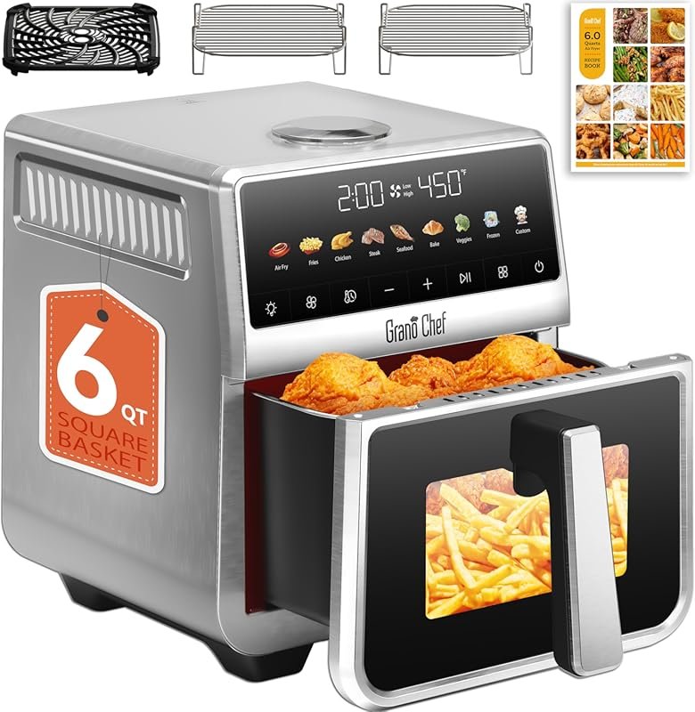 6 Qt All Metal Air Fryer, Stainless Steel, PTFE/PFAS Free, 9 Digital P