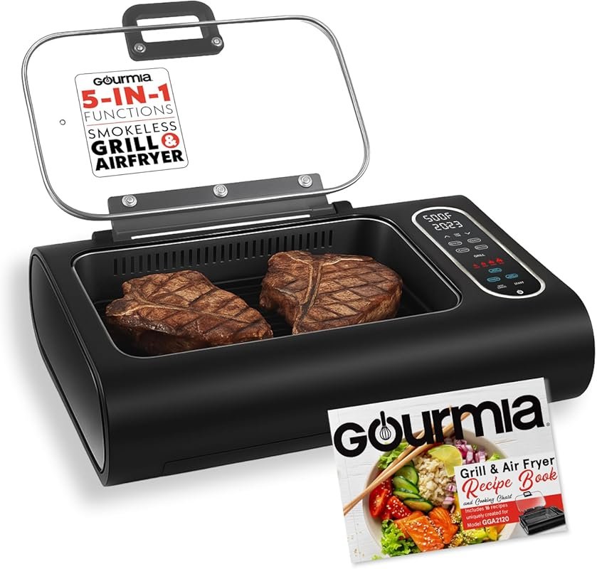 Gourmia Smokeless Indoor Grill & Air Fryer Combo: Smoke Extractor, 5 P