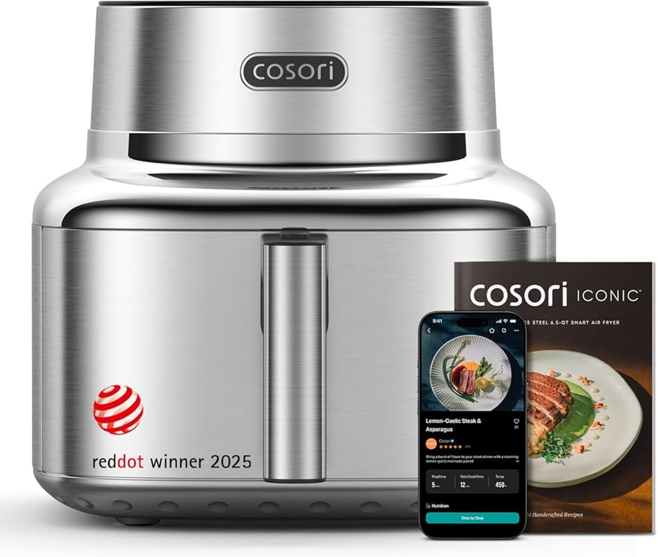 Cosori Iconic 6.5 Qt Smart Air Fryer: Stainless Steel, PFAS-Free Ceram