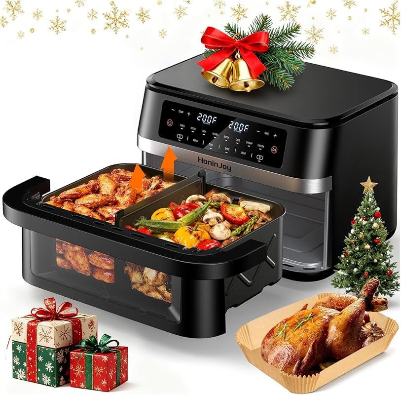 12QT Large Dual Basket Air Fryer: Flex Basket, Viewing Window, 12-in-1