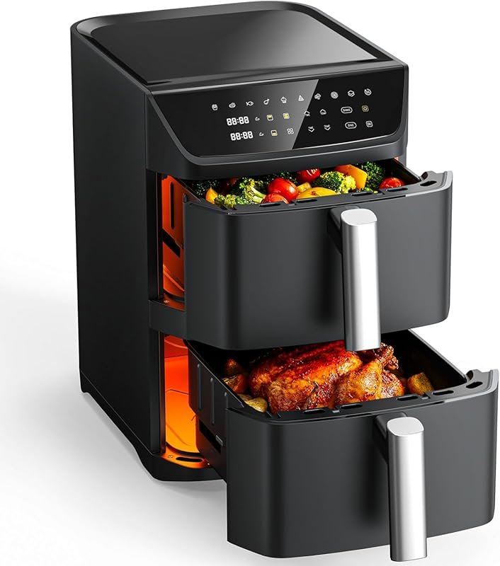 Dual Basket XL Family-Size Air Fryer Oven, 10-in-1 Functions, Black