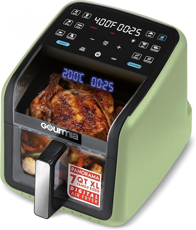 Gourmia 7 QT Air Fryer with Panoramic Window, 12 Presets, FryForce 360
