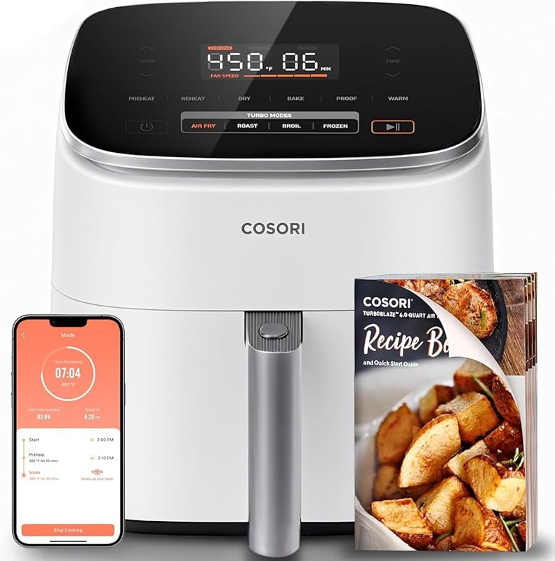 Cosori 6 Qt 9-in-1 TurboBlaze Smart Air Fryer, Cream: Precise Heating,