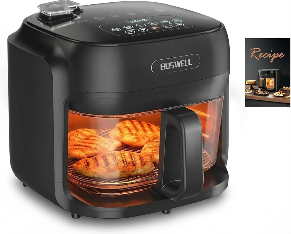 7.5Qt Transparent Glass Air Fryer with Digital Touch Control, 360° Hot