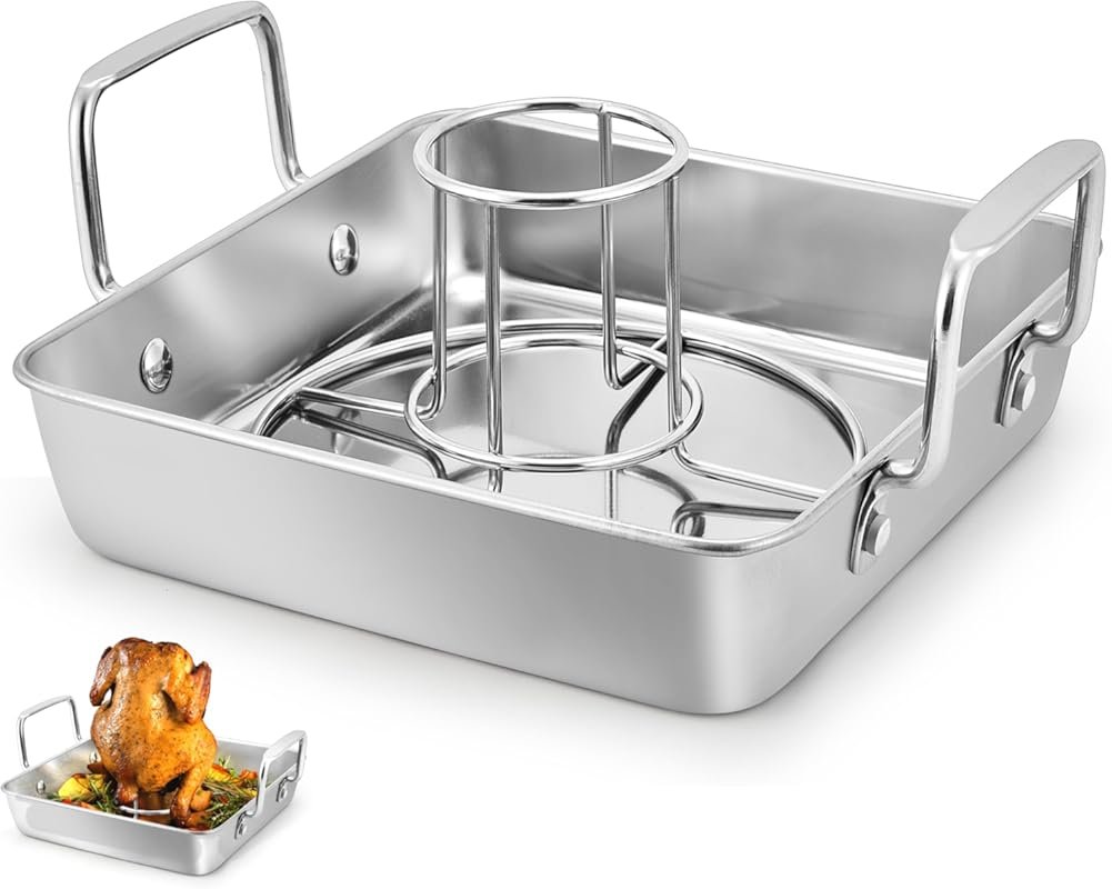 Heavy Duty Stainless Steel Beer Can Roasting Pan with Vertical Rack