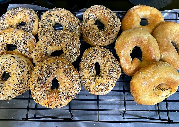 air fryer yogurt bagels golden brown on cooling rack