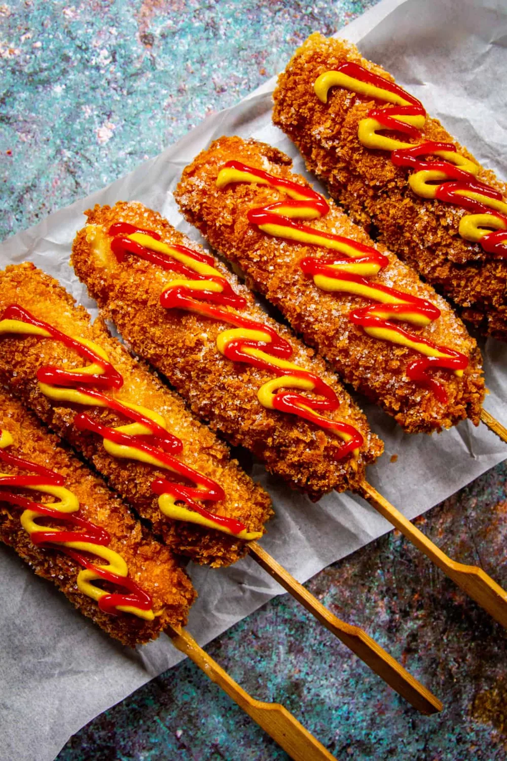 assembled Korean corn dogs on skewers