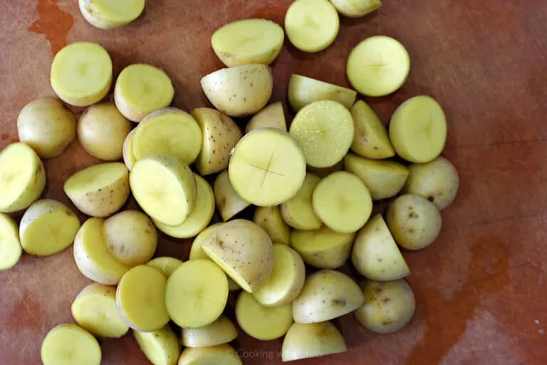 halved baby potatoes cut side down