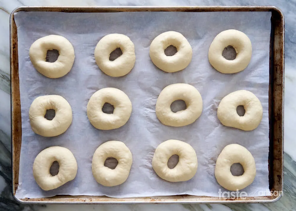 hands shaping yogurt bagel dough into ring