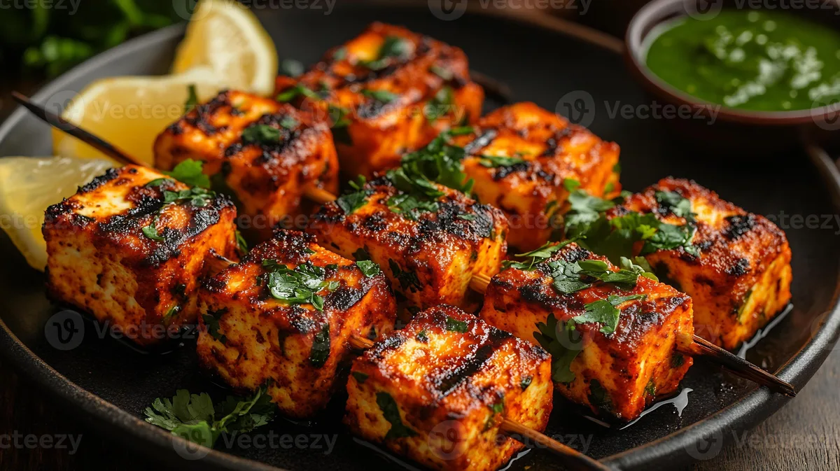 paneer tikka with chutney and lemon
