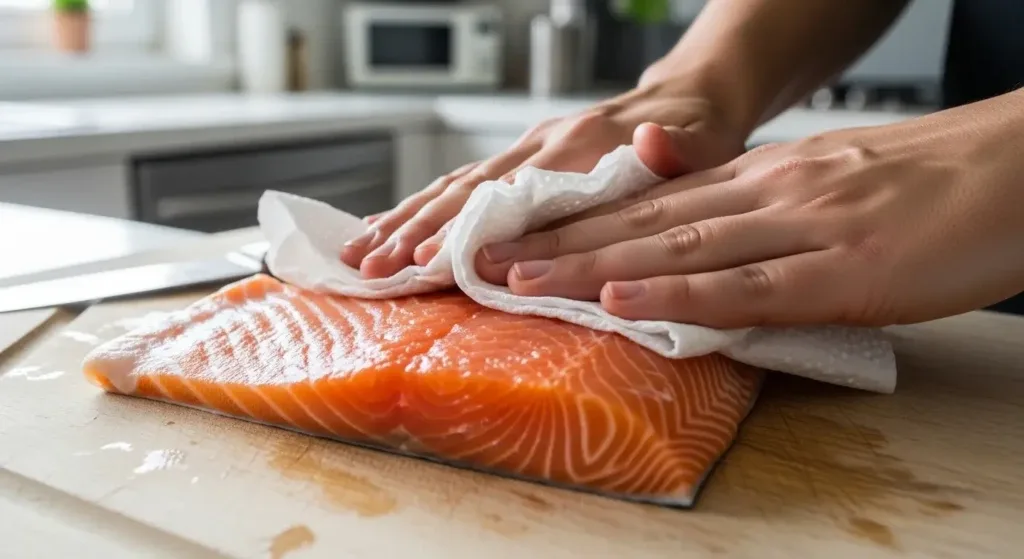 patting salmon dry with paper towel