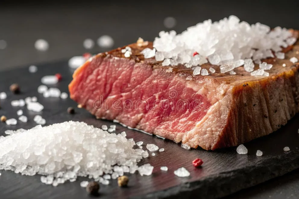 seasoning new york strip steak with salt and pepper